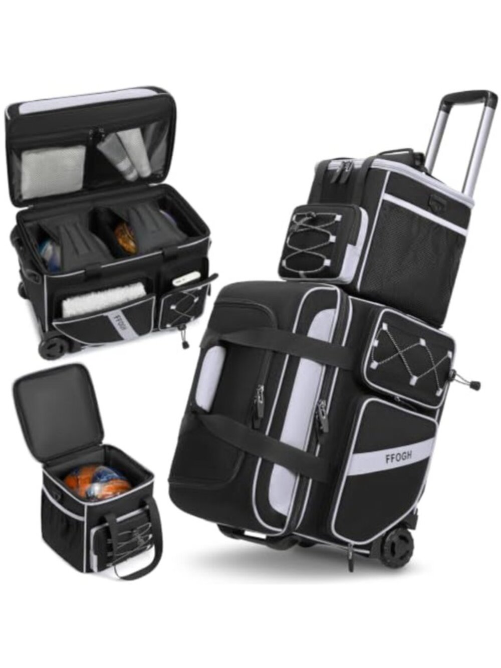 3 Ball Bowling Bag with Wheels Detachable Tote Shoe Compartment Telescopic